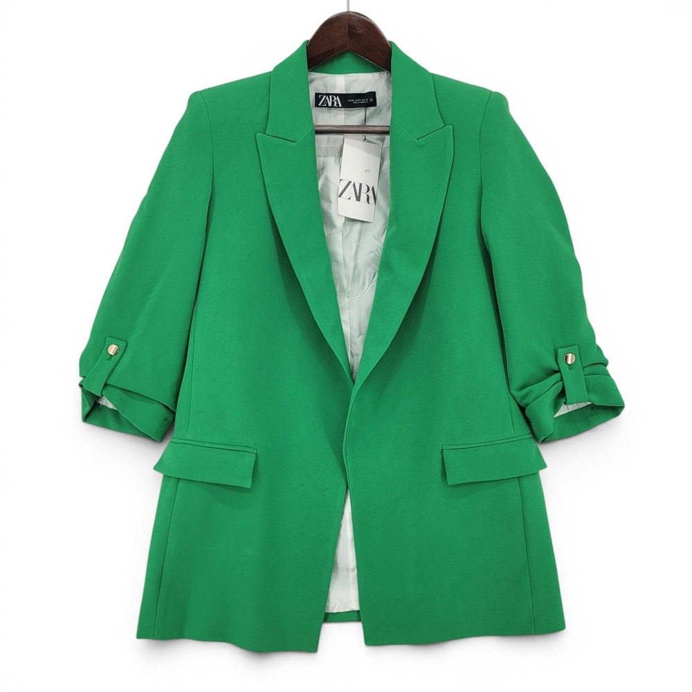 Zara Womens XS Green Blazer Shoulder Pad Ruched Sleeve Career Barbiecore NWT